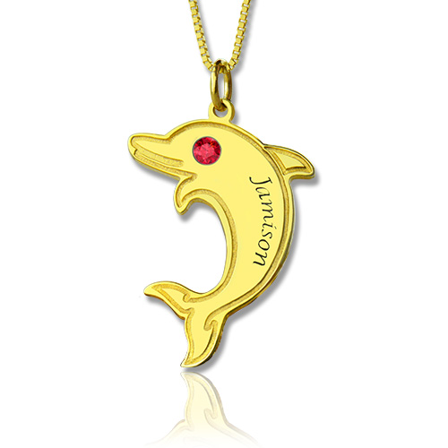 Dolphin Pendant Necklace with Birthstone Name - 18CT Gold