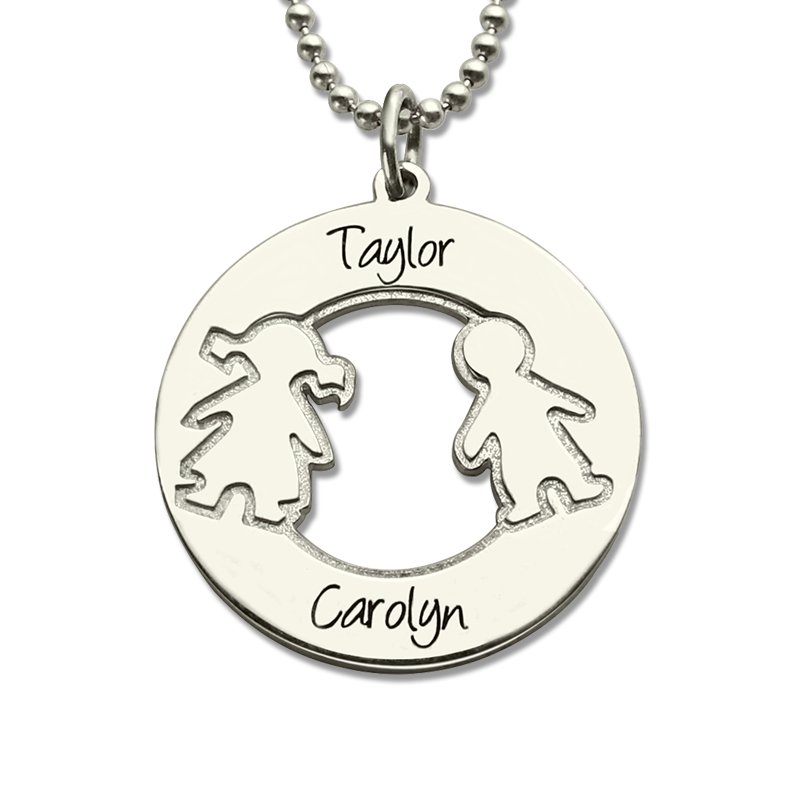 Solid White Gold Circle Necklace With Engraved Children Name Charms