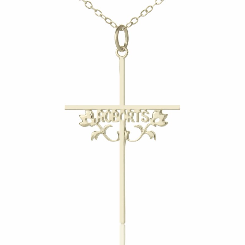 Solid White Gold Cross Name Name Necklace s with Rose