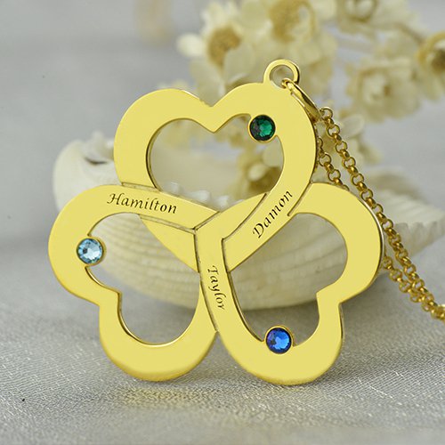 Birthstone Triple Heart Necklace Engraved Name - 18CT Gold