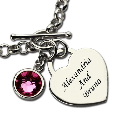 Solid White Gold Charm Bracelet with Birthstone Name