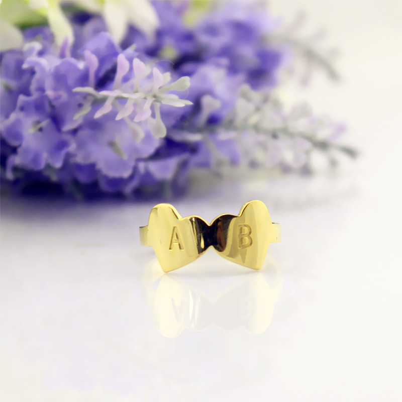 Custom Double Heart Ring Engraved Letter - 18CT Gold