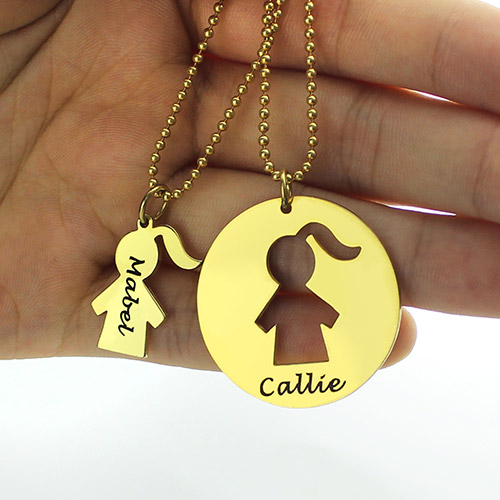 Mother and Child Necklace Set with Name - 18CT Gold