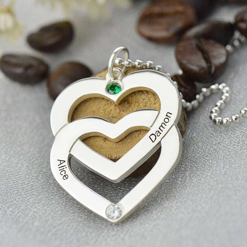 Solid White Gold Double Heart Necklace Engraved Name