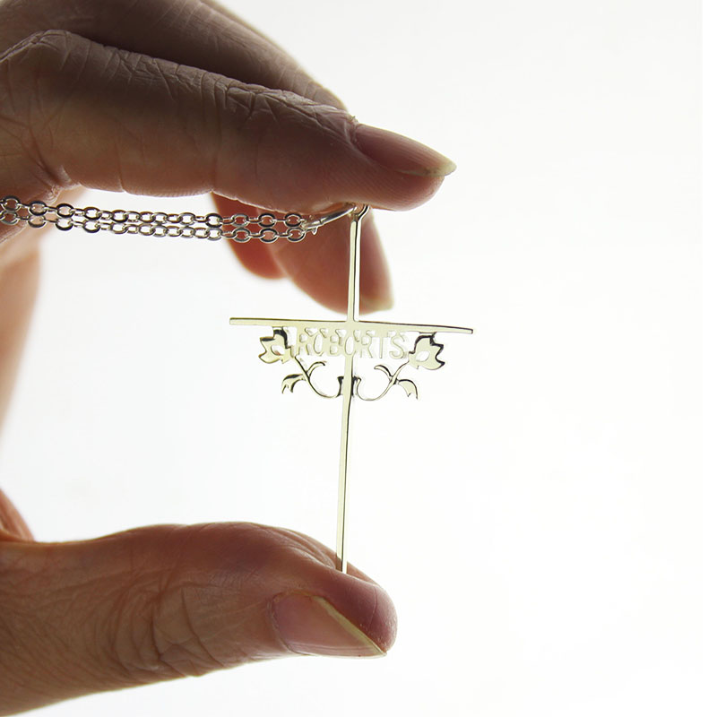 Solid White Gold Cross Name Name Necklace s with Rose