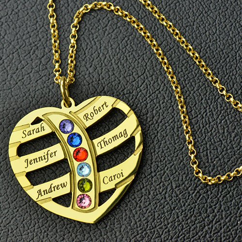 Mothers Necklace With Children Names Birthstones - 18CT Gold