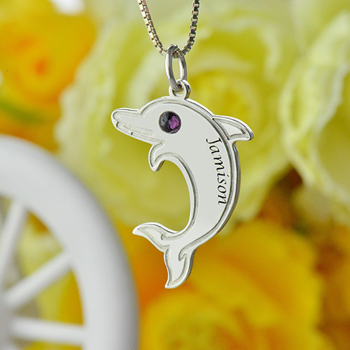 Solid White Gold Dolphin Necklace with Birthstone Name