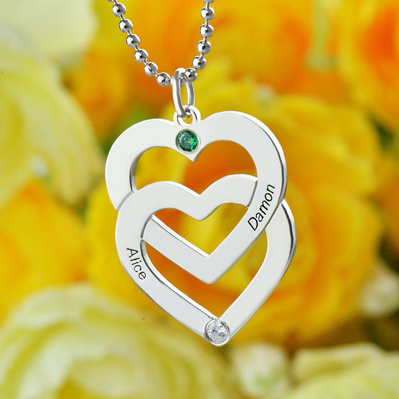 Solid White Gold Double Heart Necklace Engraved Name