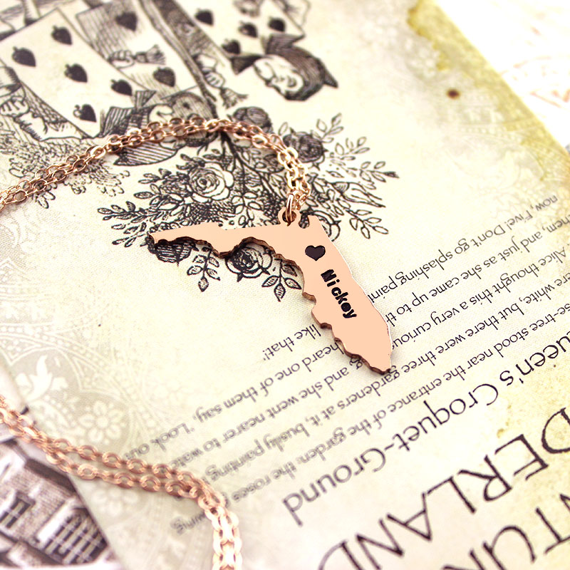 Custom Florida State USA Map Necklace - Rose Gold