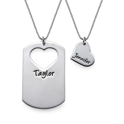 Solid White Gold Couples Dog Tag Necklace With Cut Out Heart