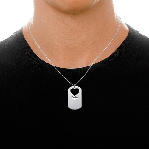 Solid White Gold Couples Dog Tag Necklace With Cut Out Heart