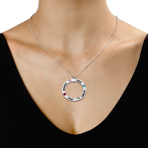 Solid White Gold Engraved Birthstone Necklace for Mum