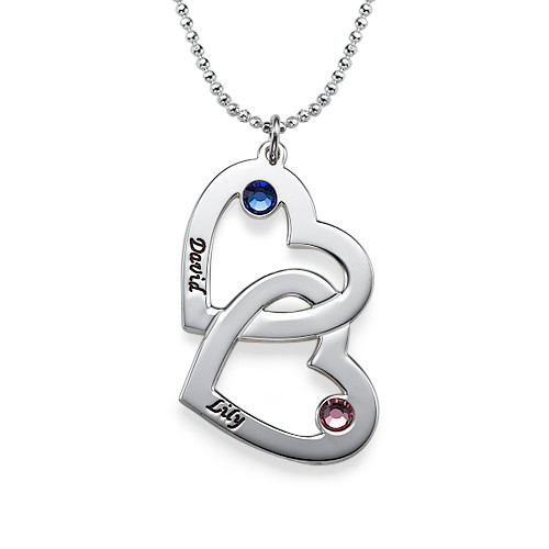Solid Gold Engraved Heart Necklace with Birthstones