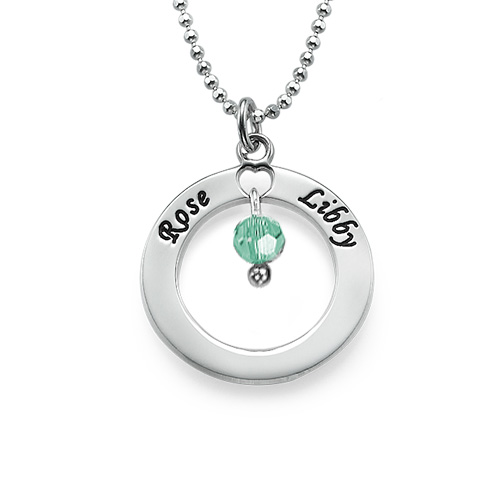 Solid Gold Engraved Classic Circle Necklace with Birthstones