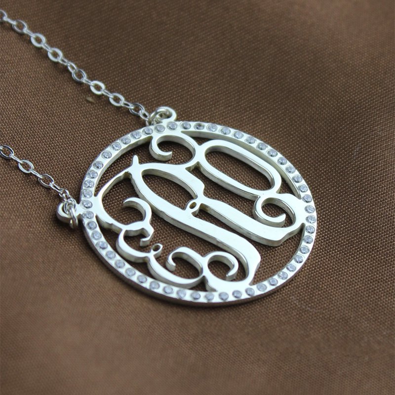 Solid White Gold Birthstone Circle Monogram Necklace