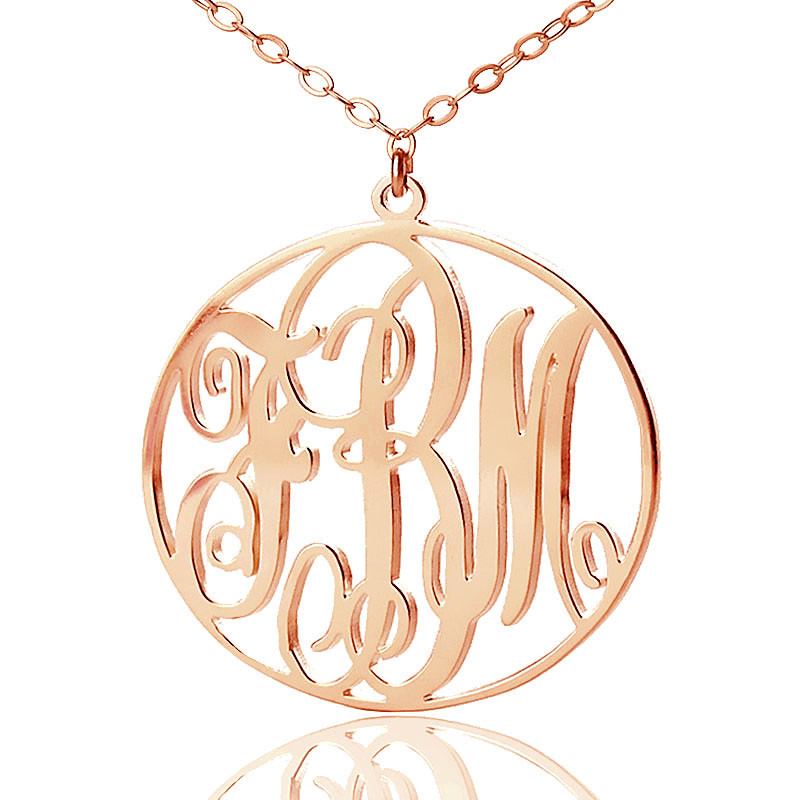 Personalised 18CT Rose Gold Vine Font Circle Initial Monogram Necklace