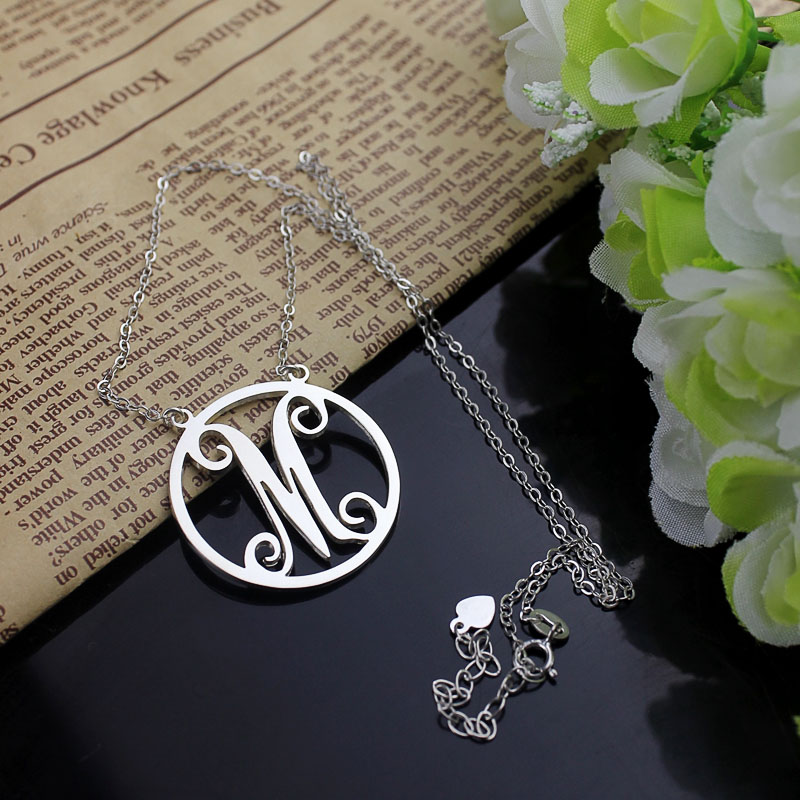 Solid White Gold 18CT Single Initial Circle Monogram Necklace