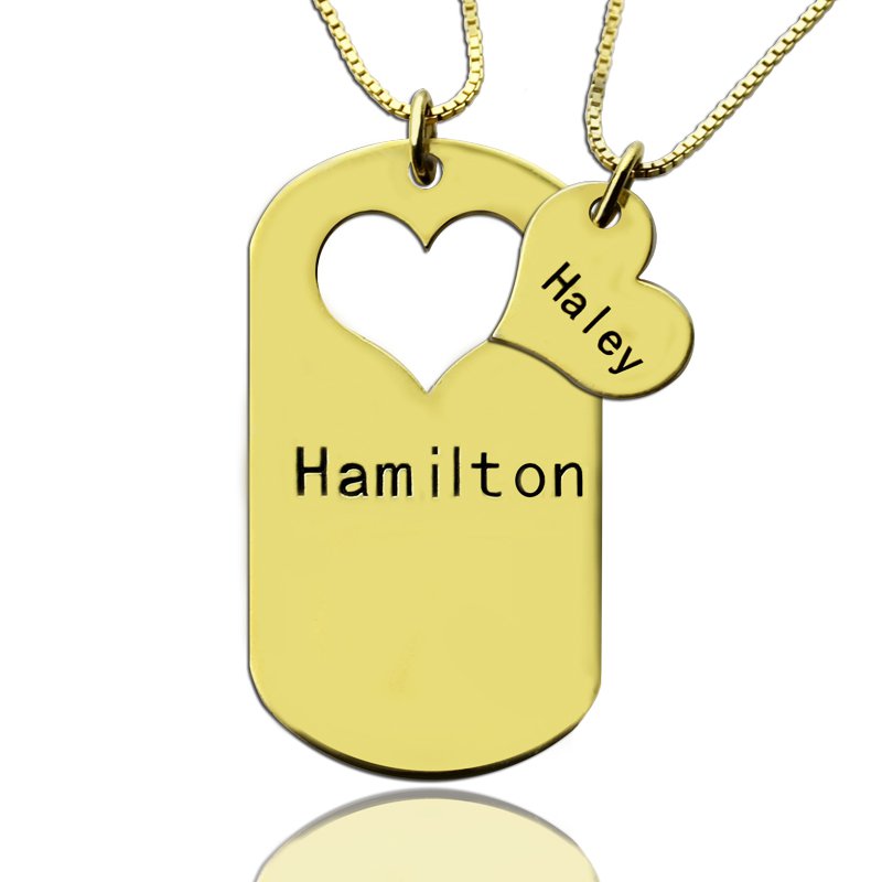 Solid Gold Matching Heart Couples Name Dog Tag Necklaces