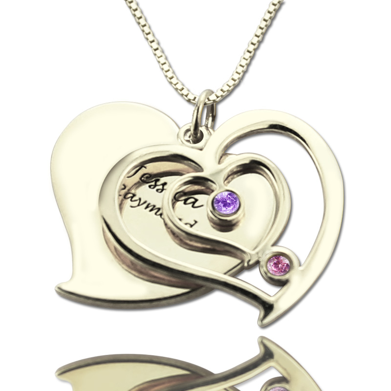 Solid White Gold Couples Birthstone Heart Name Necklace