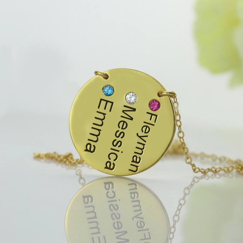 Disc Birthstone Family Names Necklace - 18CT Gold