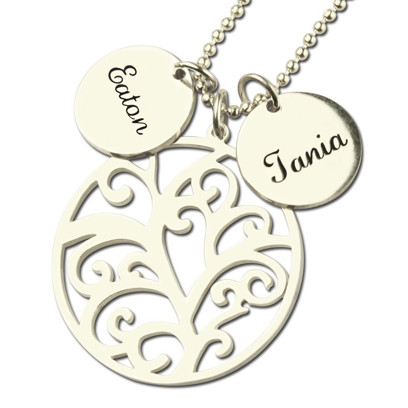 Solid Gold Family Tree Name Necklace with Custom Name Charm
