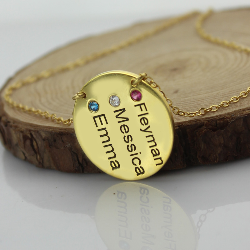 Disc Birthstone Family Names Necklace - 18CT Gold