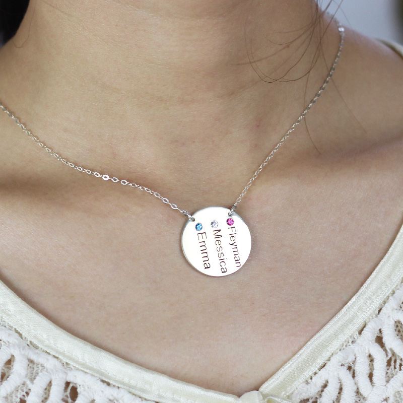 Solid Gold Disc Name Necklace With Names Birthstones