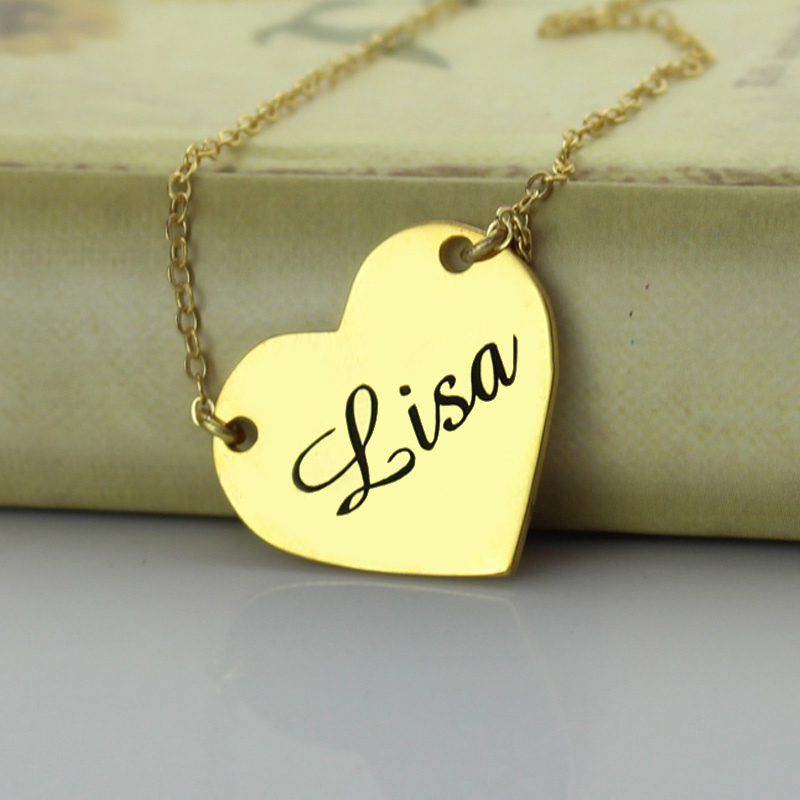 Stamped Heart Love Necklaces with Name - 18CT Gold