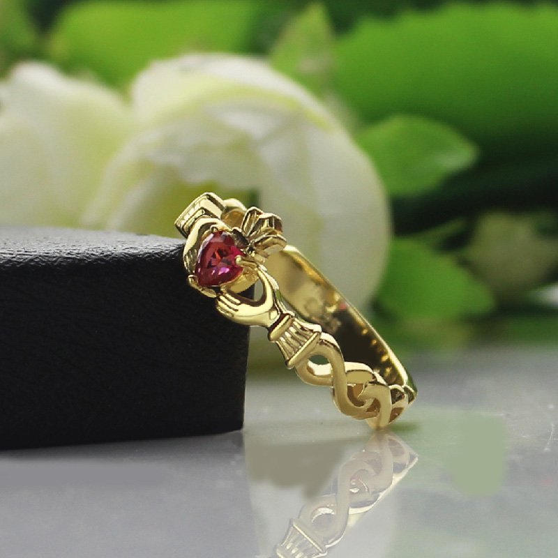 Ladies Modern Claddagh Rings With Birthstone and Name - Gold