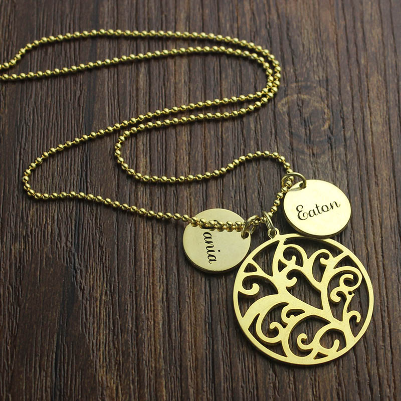 Solid Gold Family Tree Necklace With Name Charm For Mom