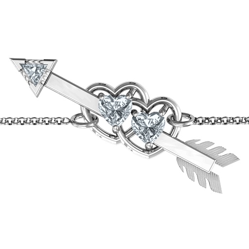Solid White Gold Double Heart with Arrow and Two Heart Stones Promise Bracelet