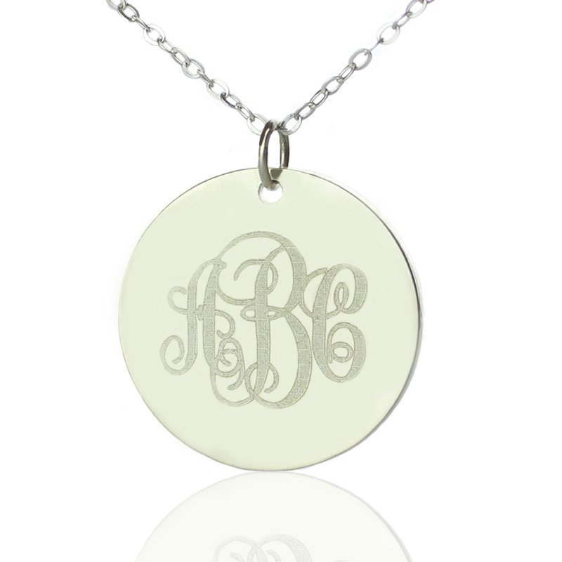 Solid White Gold Vine Font Disc Engraved Monogram Necklace