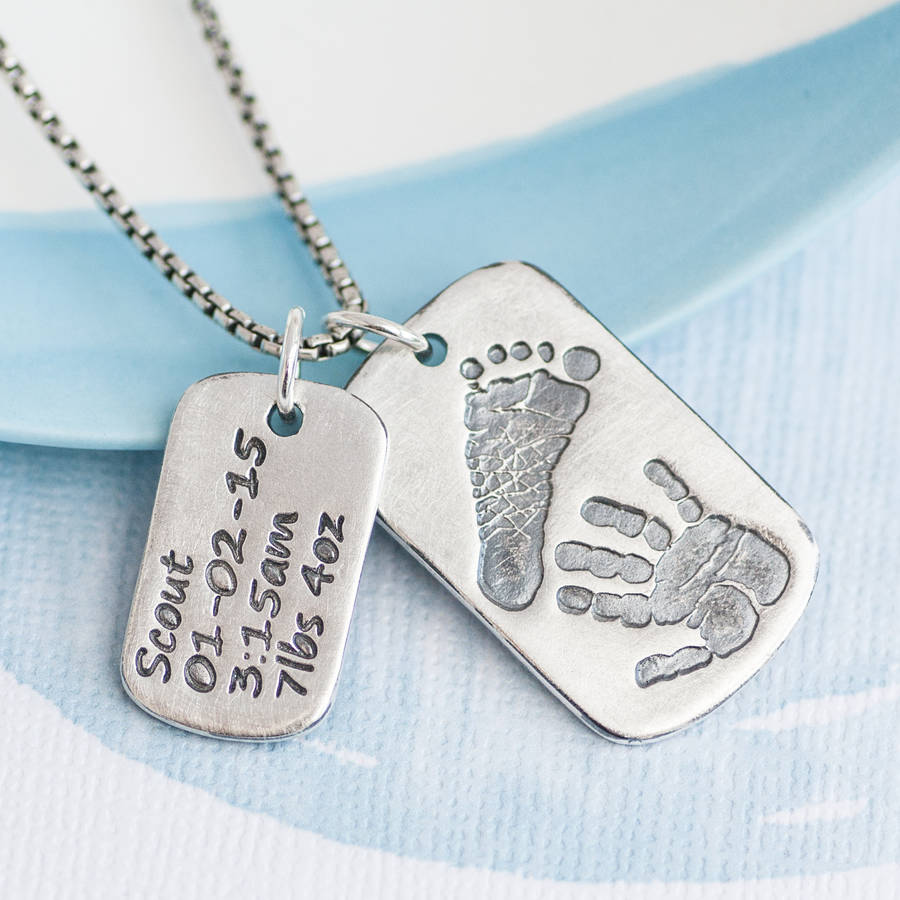 Solid Gold Dog Tag With Baby Prints And Birth Info Necklace - Two Pendants