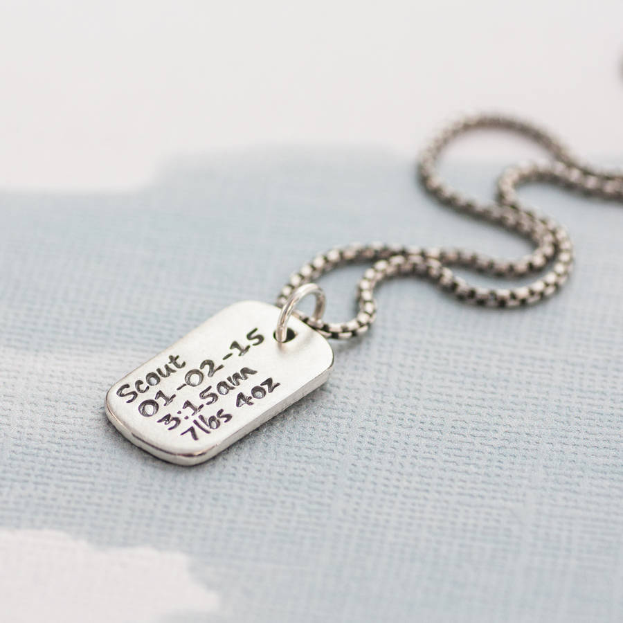 Solid Gold Dog Tag Necklace With Baby Birth Info